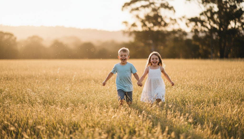 A stunning professional photograph capturing an epic moment of two young siblings laughing joyfully while running through a sun-dappled field in Botanic Ridge, showcasing beautiful natural light and a heartfelt connection, epitomising Botanic Ridge kids photography candid moments.