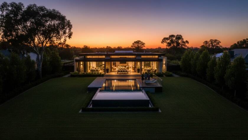 An aerial twilight shot showcasing a stunning modern luxury home in Botanic Ridge, Victoria, with its swimming pool illuminated, demonstrating expert Botanic Ridge luxury property photography Victoria, capturing the property's grandeur at dusk.