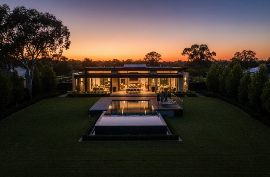 An aerial twilight shot showcasing a stunning modern luxury home in Botanic Ridge, Victoria, with its swimming pool illuminated, demonstrating expert Botanic Ridge luxury property photography Victoria, capturing the property's grandeur at dusk.