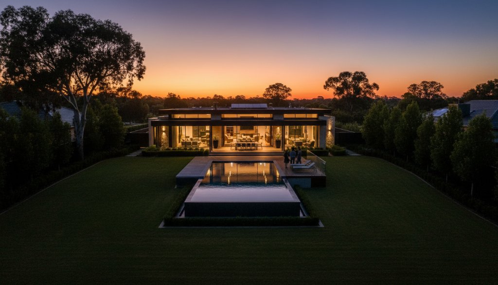 An aerial twilight shot showcasing a stunning modern luxury home in Botanic Ridge, Victoria, with its swimming pool illuminated, demonstrating expert Botanic Ridge luxury property photography Victoria, capturing the property's grandeur at dusk.