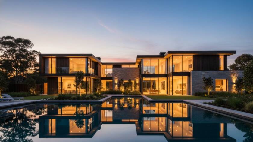 An aerial, dusk shot showcasing a sleek, contemporary home in Botanic Ridge, bathed in golden hour light, highlighting its unique architectural lines and landscaping, captured with Botanic Ridge Modern Architectural Photography Expertise.