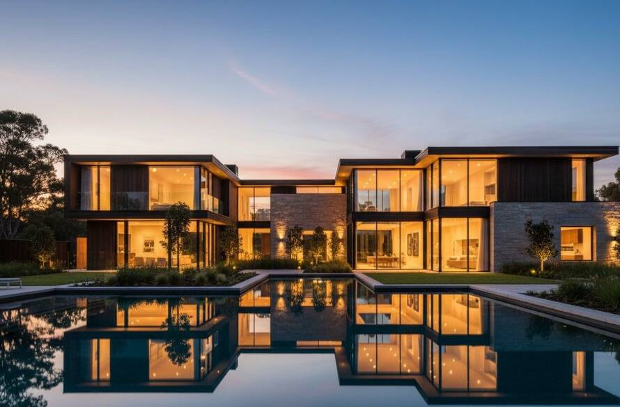 An aerial, dusk shot showcasing a sleek, contemporary home in Botanic Ridge, bathed in golden hour light, highlighting its unique architectural lines and landscaping, captured with Botanic Ridge Modern Architectural Photography Expertise.