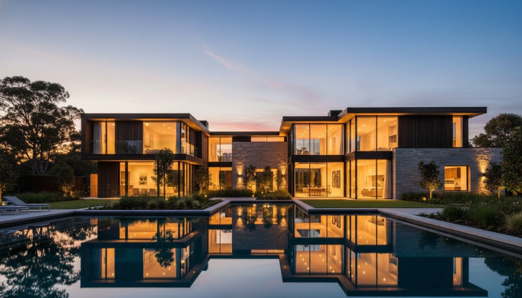 An aerial, dusk shot showcasing a sleek, contemporary home in Botanic Ridge, bathed in golden hour light, highlighting its unique architectural lines and landscaping, captured with Botanic Ridge Modern Architectural Photography Expertise.