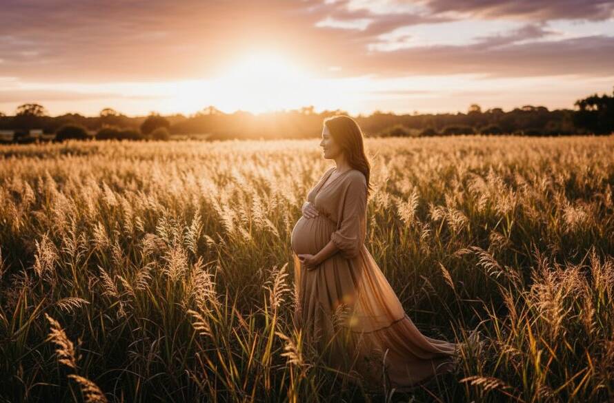 A radiant pregnant woman in a flowing gown, silhouetted against a golden sunset over lush parklands in Botanic Ridge, during an outdoor maternity photoshoot Victoria, capturing an epic, ethereal moment of motherhood.