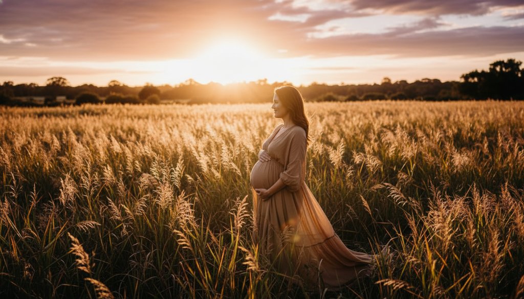 A radiant pregnant woman in a flowing gown, silhouetted against a golden sunset over lush parklands in Botanic Ridge, during an outdoor maternity photoshoot Victoria, capturing an epic, ethereal moment of motherhood.