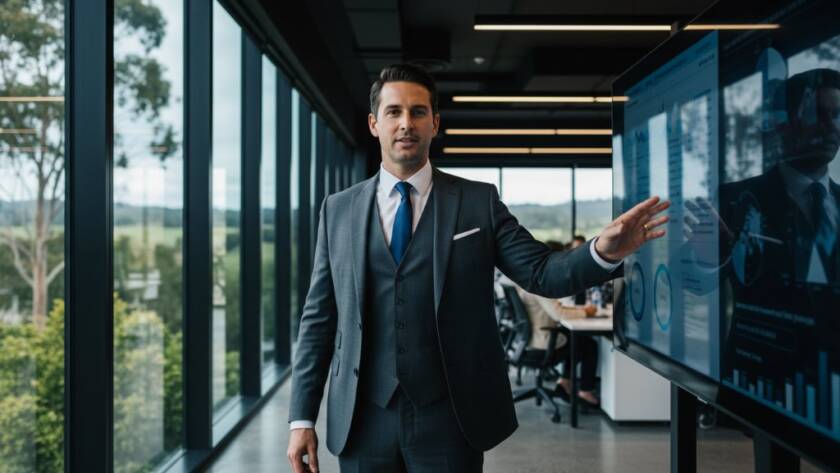 A confident executive from Botanic Ridge, Victoria, presents at a modern office, captured in a dynamic, high-quality image that highlights the essence of Botanic Ridge professional corporate headshots Victoria, with sharp focus and dramatic lighting.