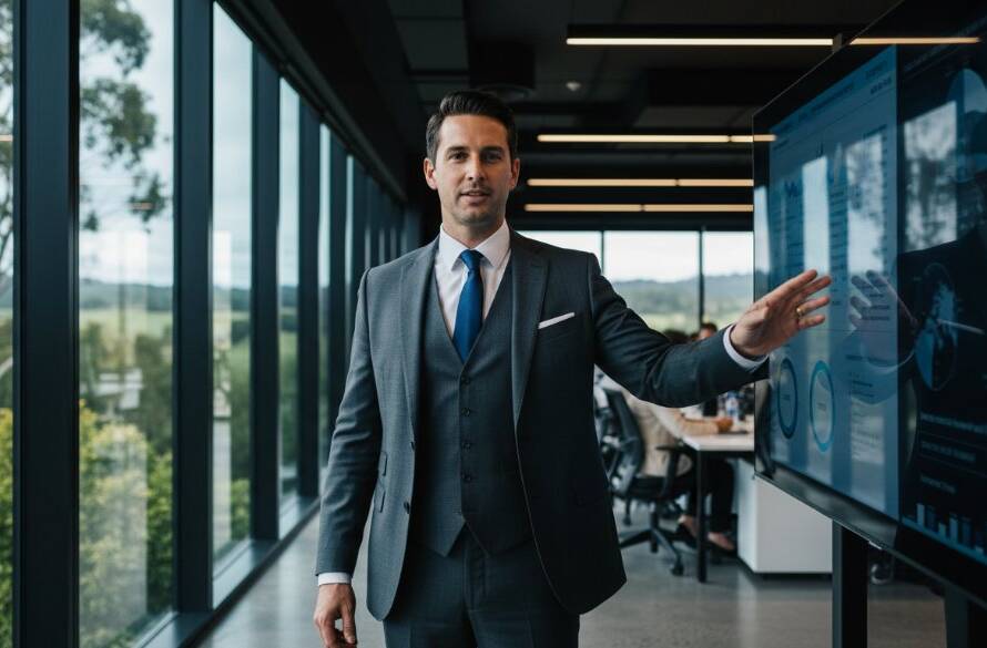 A confident executive from Botanic Ridge, Victoria, presents at a modern office, captured in a dynamic, high-quality image that highlights the essence of Botanic Ridge professional corporate headshots Victoria, with sharp focus and dramatic lighting.