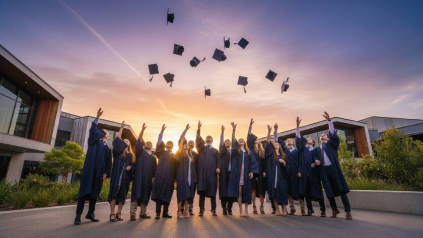 Dramatic wide-angle shot of beaming students in graduation gowns tossing their caps high against a sunset sky over a modern school building in Botanic Ridge, celebrating achievements with cinematic lighting and professional colour grading.