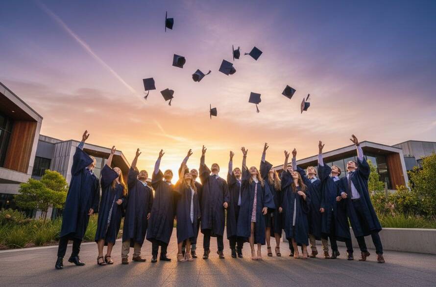 Dramatic wide-angle shot of beaming students in graduation gowns tossing their caps high against a sunset sky over a modern school building in Botanic Ridge, celebrating achievements with cinematic lighting and professional colour grading.