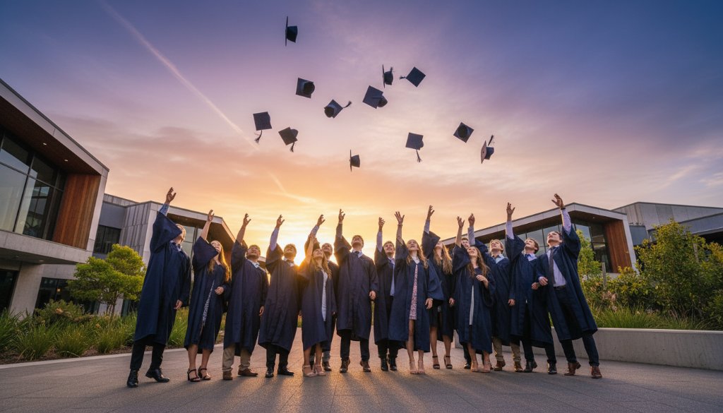 Dramatic wide-angle shot of beaming students in graduation gowns tossing their caps high against a sunset sky over a modern school building in Botanic Ridge, celebrating achievements with cinematic lighting and professional colour grading.
