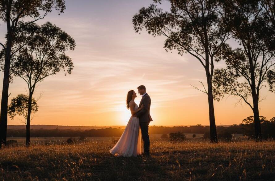 An engaged couple sharing a tender moment amidst the golden hour glow during their Botanic Ridge twilight engagement photos, with the serene Australian bushland in the background, captured in a cinematic, professional style.