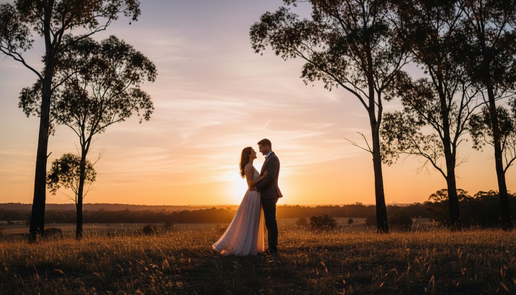 An engaged couple sharing a tender moment amidst the golden hour glow during their Botanic Ridge twilight engagement photos, with the serene Australian bushland in the background, captured in a cinematic, professional style.