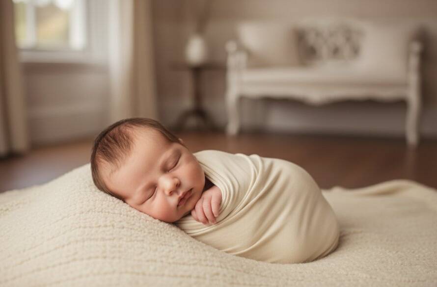 A heartwarming, professional photograph showcasing a sleeping newborn wrapped in soft fabric, gently held by a parent's hands, bathed in warm, soft light within a classic Werribee home setting, embodying the essence of boutique newborn photography Werribee families.