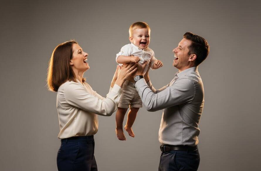 A stunning, emotionally resonant 'epic moment' photograph captured during Boutique Studio Photography Ormond Family Portraits, featuring a young family in elegant attire laughing joyously in a beautifully lit, minimalist studio setting, showcasing professional cinematic lighting and rich colour grading.