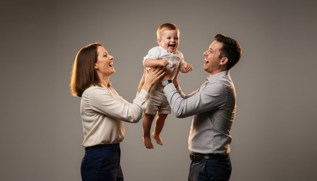 A stunning, emotionally resonant 'epic moment' photograph captured during Boutique Studio Photography Ormond Family Portraits, featuring a young family in elegant attire laughing joyously in a beautifully lit, minimalist studio setting, showcasing professional cinematic lighting and rich colour grading.