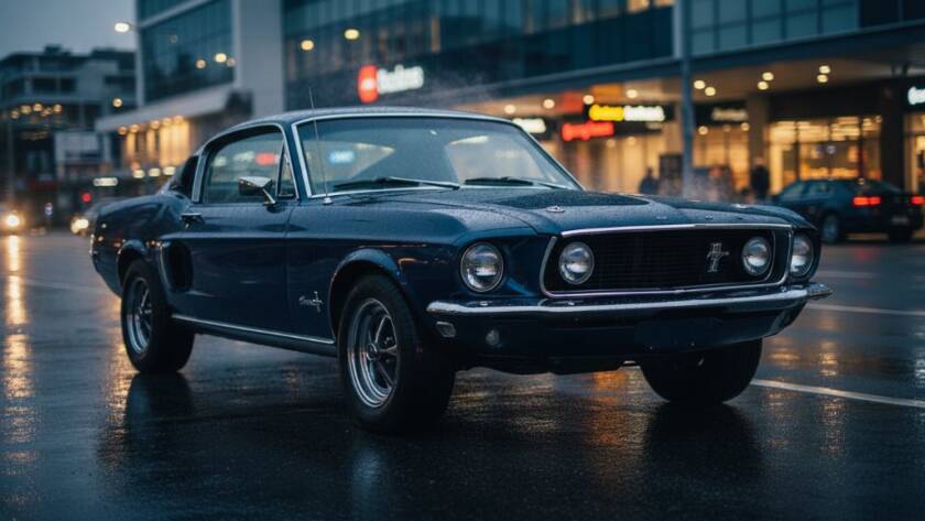 Dramatic evening shot of a vintage muscle car gleaming under city lights in Box Hill, showcasing Box Hill automotive photography for enthusiasts with dynamic angles and professional lighting.