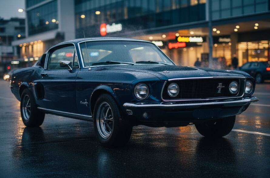 Dramatic evening shot of a vintage muscle car gleaming under city lights in Box Hill, showcasing Box Hill automotive photography for enthusiasts with dynamic angles and professional lighting.