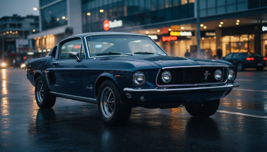 Dramatic evening shot of a vintage muscle car gleaming under city lights in Box Hill, showcasing Box Hill automotive photography for enthusiasts with dynamic angles and professional lighting.