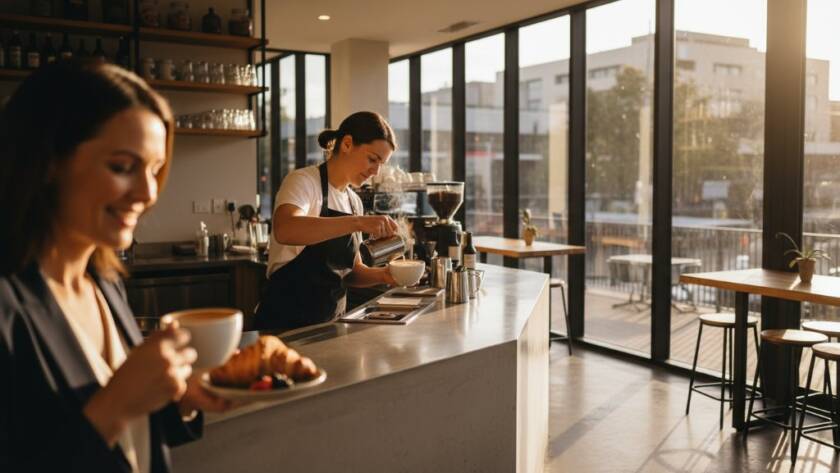 Dynamic, cinematic shot of a modern cafe owner in Box Hill, Victoria, proudly presenting a beautifully crafted latte, with the vibrant Box Hill Central area blurred in the background, showcasing the impact of professional Box Hill commercial photography for local businesses.