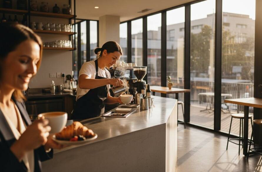Dynamic, cinematic shot of a modern cafe owner in Box Hill, Victoria, proudly presenting a beautifully crafted latte, with the vibrant Box Hill Central area blurred in the background, showcasing the impact of professional Box Hill commercial photography for local businesses.