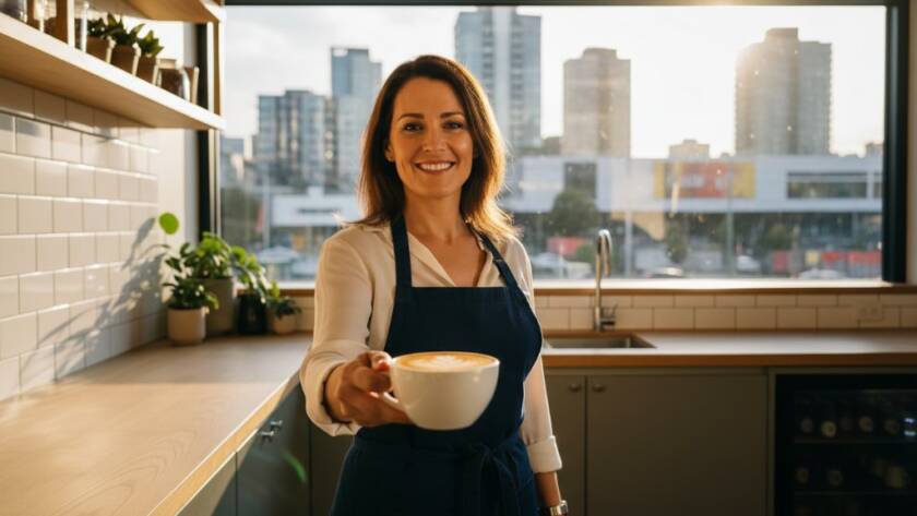 Dynamic Box Hill Commercial Photography Melbourne Brand Storytelling capturing a bustling, modern cafe owner proudly presenting a perfectly crafted coffee, with the vibrant Box Hill cityscape blurred dramatically in the background under soft, golden hour light, reflecting entrepreneurial spirit and local success.