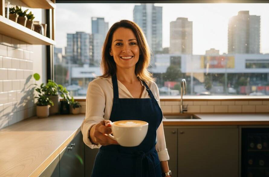 Dynamic Box Hill Commercial Photography Melbourne Brand Storytelling capturing a bustling, modern cafe owner proudly presenting a perfectly crafted coffee, with the vibrant Box Hill cityscape blurred dramatically in the background under soft, golden hour light, reflecting entrepreneurial spirit and local success.