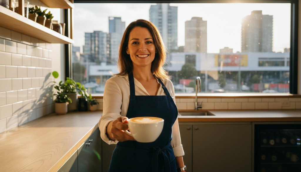 Dynamic Box Hill Commercial Photography Melbourne Brand Storytelling capturing a bustling, modern cafe owner proudly presenting a perfectly crafted coffee, with the vibrant Box Hill cityscape blurred dramatically in the background under soft, golden hour light, reflecting entrepreneurial spirit and local success.