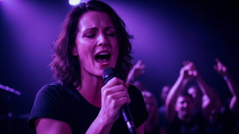 An epic moment captured during a live music performance, featuring a lead singer bathed in dramatic purple and blue stage lights, with the crowd's energy palpable. This professional Box Hill Concert Photography Capturing Live Music Energy shot showcases the intensity and passion of a local gig in Box Hill, Victoria.