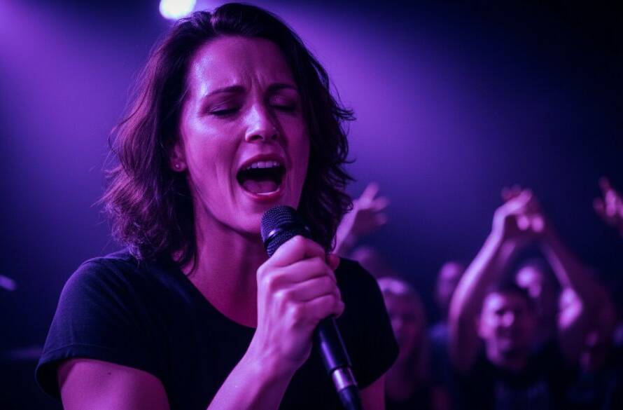 An epic moment captured during a live music performance, featuring a lead singer bathed in dramatic purple and blue stage lights, with the crowd's energy palpable. This professional Box Hill Concert Photography Capturing Live Music Energy shot showcases the intensity and passion of a local gig in Box Hill, Victoria.