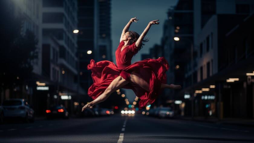 Dynamic Box Hill Dance Photography: Capturing Movement & Grace of a ballet dancer mid-leap against a dramatic, professionally lit backdrop, showcasing power and artistry.