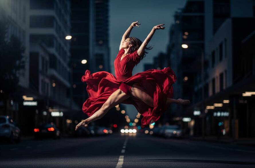 Dynamic Box Hill Dance Photography: Capturing Movement & Grace of a ballet dancer mid-leap against a dramatic, professionally lit backdrop, showcasing power and artistry.