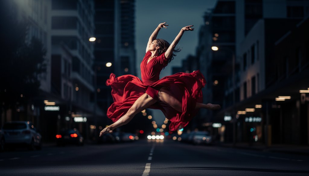 Dynamic Box Hill Dance Photography: Capturing Movement & Grace of a ballet dancer mid-leap against a dramatic, professionally lit backdrop, showcasing power and artistry.