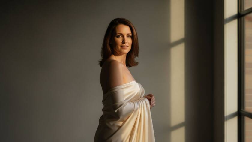 A stunning, cinematic 'epic moment' photograph of a woman experiencing a Box Hill empowering boudoir photography session. She is framed by dramatic, soft light filtering through a sheer curtain, looking confidently over her shoulder with a gentle smile, showcasing elegance and self-assurance. The scene is artfully composed with a luxurious, minimalist aesthetic, evoking a sense of personal liberation and beauty. Professional colour grading enhances the warm, intimate atmosphere.