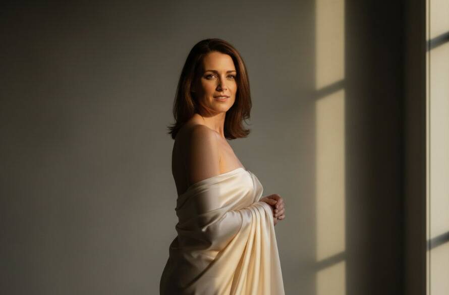 A stunning, cinematic 'epic moment' photograph of a woman experiencing a Box Hill empowering boudoir photography session. She is framed by dramatic, soft light filtering through a sheer curtain, looking confidently over her shoulder with a gentle smile, showcasing elegance and self-assurance. The scene is artfully composed with a luxurious, minimalist aesthetic, evoking a sense of personal liberation and beauty. Professional colour grading enhances the warm, intimate atmosphere.