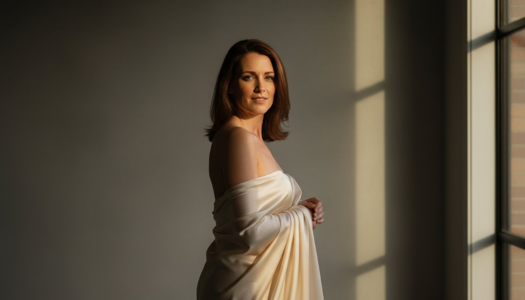 A stunning, cinematic 'epic moment' photograph of a woman experiencing a Box Hill empowering boudoir photography session. She is framed by dramatic, soft light filtering through a sheer curtain, looking confidently over her shoulder with a gentle smile, showcasing elegance and self-assurance. The scene is artfully composed with a luxurious, minimalist aesthetic, evoking a sense of personal liberation and beauty. Professional colour grading enhances the warm, intimate atmosphere.