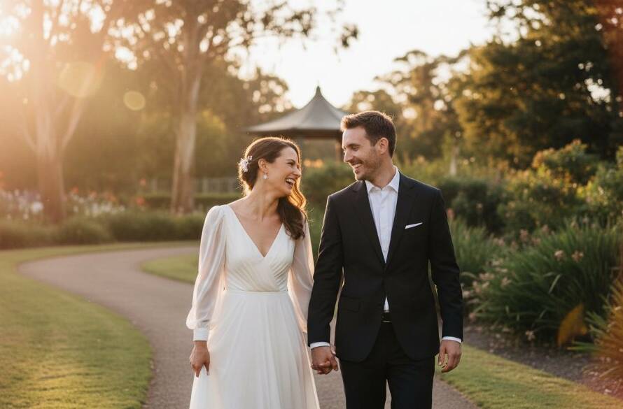 A newlywed couple shares a tender, joyous embrace amidst the lush, sun-dappled foliage of Box Hill Gardens during a golden hour sunset, exemplifying Box Hill Gardens candid wedding photography, with dramatic backlighting highlighting their connection. Professional wedding photograph.
