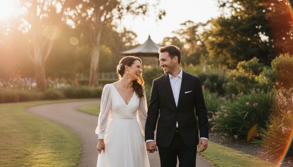 A newlywed couple shares a tender, joyous embrace amidst the lush, sun-dappled foliage of Box Hill Gardens during a golden hour sunset, exemplifying Box Hill Gardens candid wedding photography, with dramatic backlighting highlighting their connection. Professional wedding photograph.