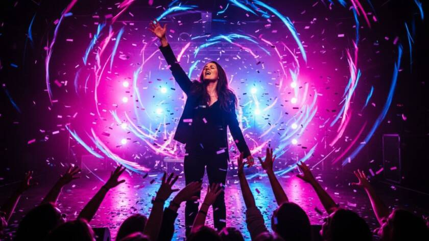 An electrifying, wide-angle shot of a lead guitarist mid-jump on stage at a Box Hill venue, bathed in dramatic magenta and blue stage lights, with the crowd's hands raised in excitement. This showcases expert Box Hill live music photography capturing dynamic energy.