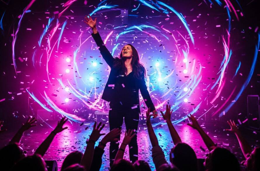 An electrifying, wide-angle shot of a lead guitarist mid-jump on stage at a Box Hill venue, bathed in dramatic magenta and blue stage lights, with the crowd's hands raised in excitement. This showcases expert Box Hill live music photography capturing dynamic energy.