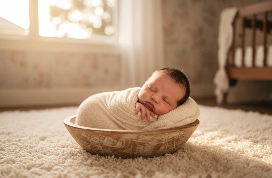 A peaceful Box Hill newborn photography in-home comfort scene, featuring a sleeping baby swaddled in soft grey fabric, nestled in a vintage wooden crate near a sunlit window. Golden hour light bathes the scene, creating a warm, ethereal glow, with a parent's gentle hand subtly caressing the baby's head in a timeless, professional portrait.