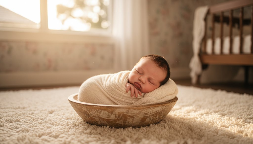 A peaceful Box Hill newborn photography in-home comfort scene, featuring a sleeping baby swaddled in soft grey fabric, nestled in a vintage wooden crate near a sunlit window. Golden hour light bathes the scene, creating a warm, ethereal glow, with a parent's gentle hand subtly caressing the baby's head in a timeless, professional portrait.