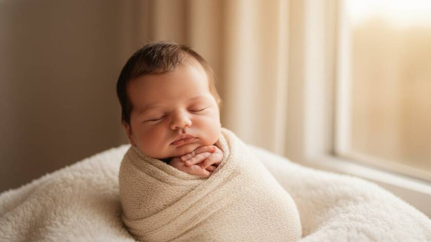 A tender close-up of a sleeping newborn baby in Box Hill, wrapped in a soft blanket, hands gently resting, bathed in a warm, ethereal glow, capturing the essence of Box Hill newborn photography timeless portraits, with a dreamy, cinematic feel.