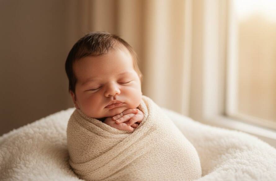A tender close-up of a sleeping newborn baby in Box Hill, wrapped in a soft blanket, hands gently resting, bathed in a warm, ethereal glow, capturing the essence of Box Hill newborn photography timeless portraits, with a dreamy, cinematic feel.
