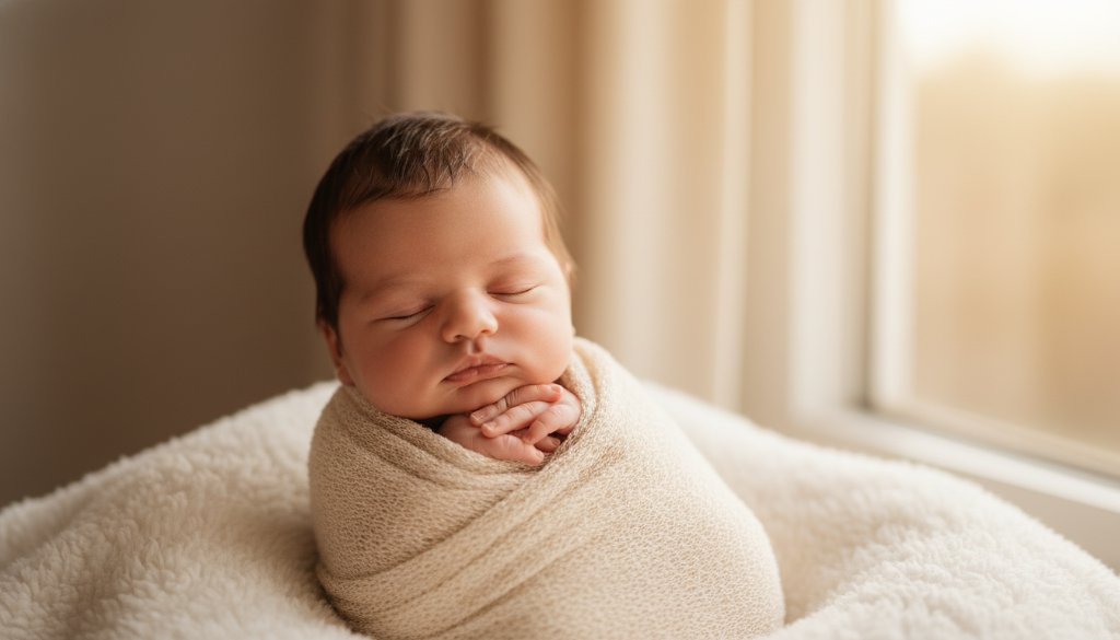 A tender close-up of a sleeping newborn baby in Box Hill, wrapped in a soft blanket, hands gently resting, bathed in a warm, ethereal glow, capturing the essence of Box Hill newborn photography timeless portraits, with a dreamy, cinematic feel.