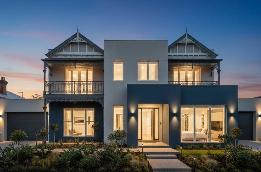 Dramatic sunset light bathes a contemporary Victorian modern home in Box Hill North, highlighting its unique architectural lines and landscaping, captured by professional Box Hill North architectural photography services Victorian modern homes.