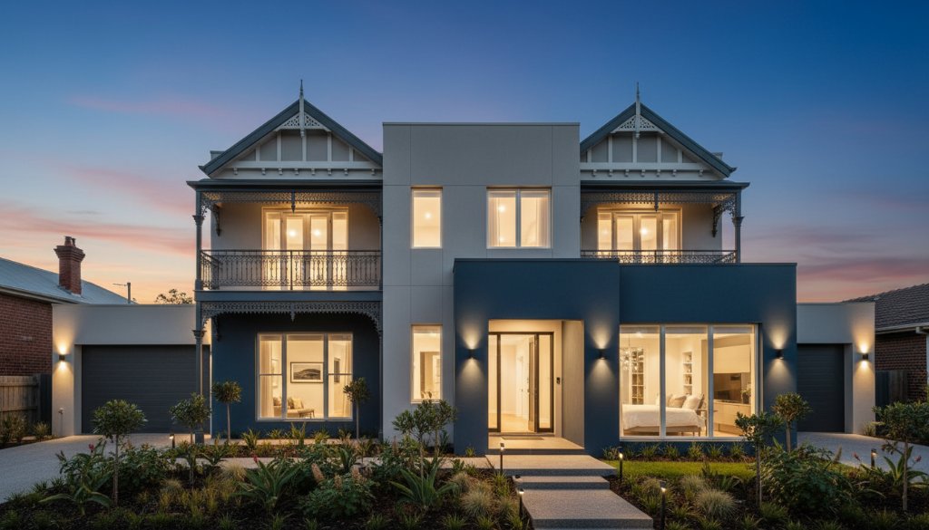 Dramatic sunset light bathes a contemporary Victorian modern home in Box Hill North, highlighting its unique architectural lines and landscaping, captured by professional Box Hill North architectural photography services Victorian modern homes.