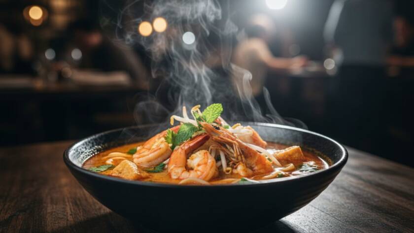 Dramatic, close-up shot of a steaming bowl of authentic ramen from a Box Hill North Asian cuisine restaurant, professionally styled and lit, highlighting rich colours and textures, perfect for Box Hill North Asian cuisine food photography.