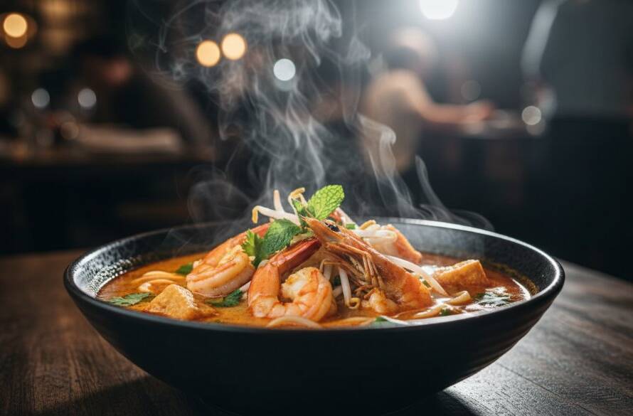 Dramatic, close-up shot of a steaming bowl of authentic ramen from a Box Hill North Asian cuisine restaurant, professionally styled and lit, highlighting rich colours and textures, perfect for Box Hill North Asian cuisine food photography.
