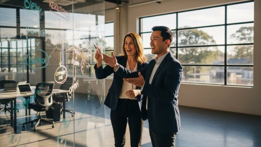 A dynamic, wide-angle shot of a local small business owner in Box Hill North, mid-conversation with a client in a modern cafe, showcasing the vibrant atmosphere and professional interaction, capturing the essence of Box Hill North commercial photography branding success with dramatic, warm lighting.