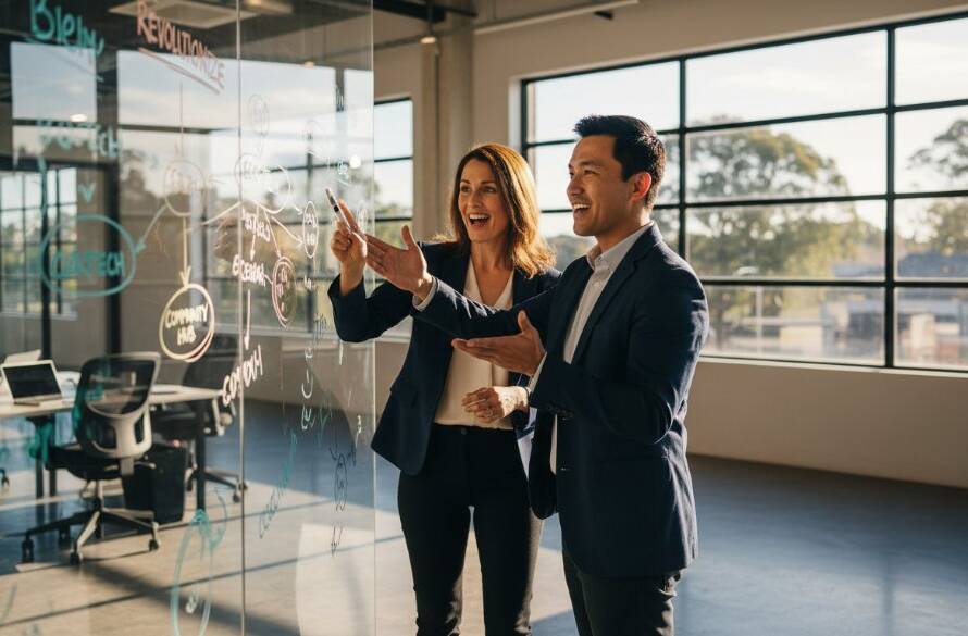 A dynamic, wide-angle shot of a local small business owner in Box Hill North, mid-conversation with a client in a modern cafe, showcasing the vibrant atmosphere and professional interaction, capturing the essence of Box Hill North commercial photography branding success with dramatic, warm lighting.